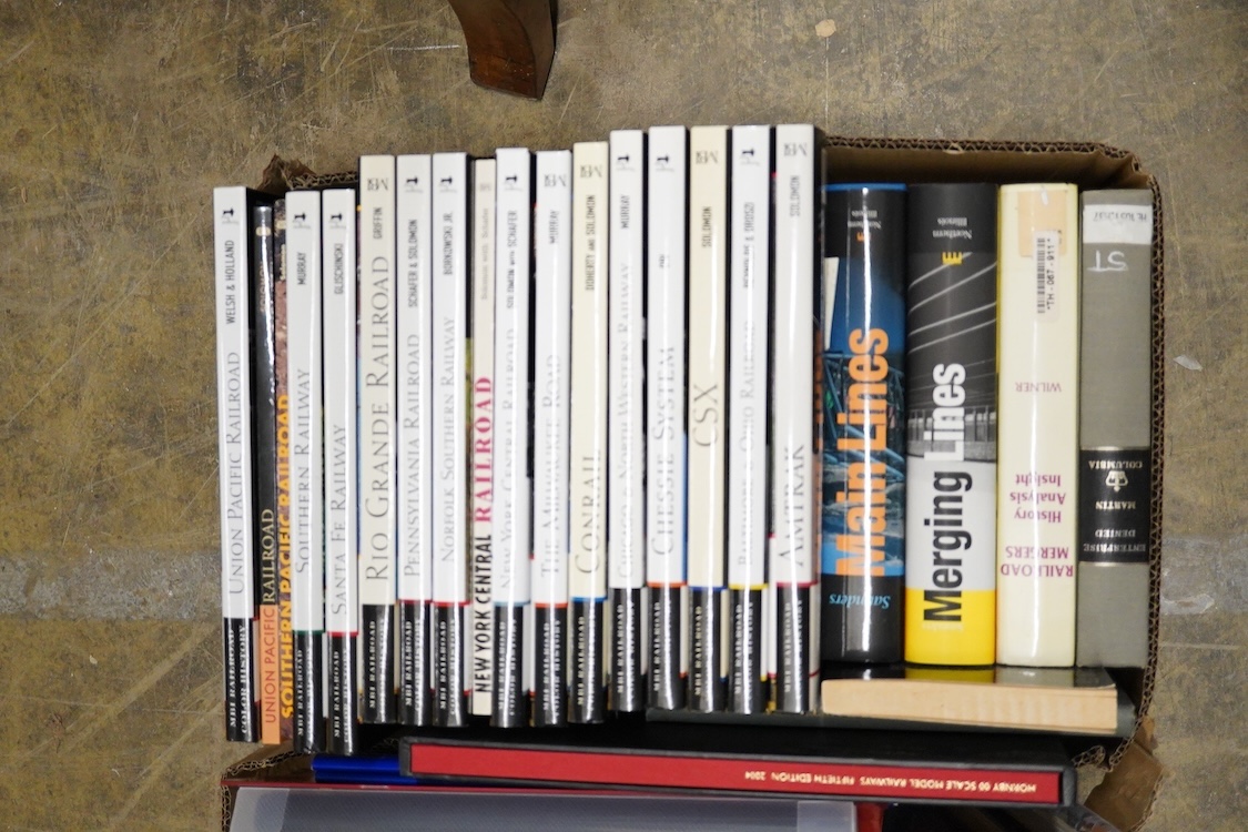 Five boxes of Railway related books, subjects include; the Railway Atlas of Scotland, the Highland Main Line, Chicago America’s Railroad Capital, Union Pacific, Indian Railways, etc., publishers include; New York Central